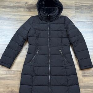 Women's Andrew Marc Long Black Stretch Puffer Coat